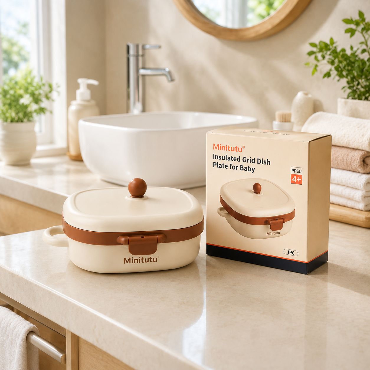 Minitutu PPSU Insulated Baby Feeding Bowl with Lid | BPA Free Grid Dish Plate | 4+ Months | Model CB357